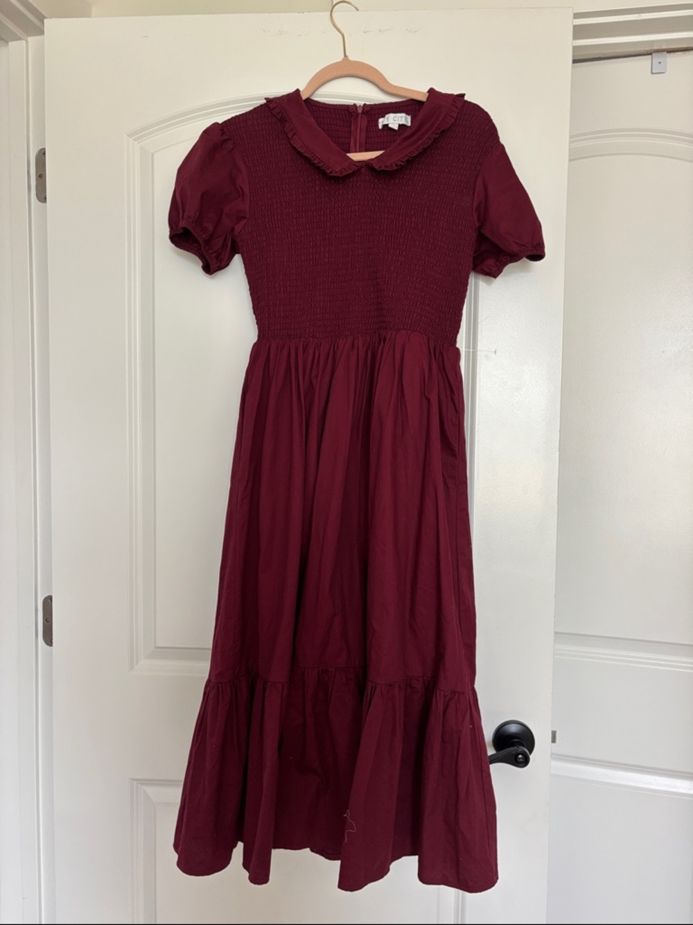 Women’s Burgundy Smocked Dress with Peter Pan Collar
